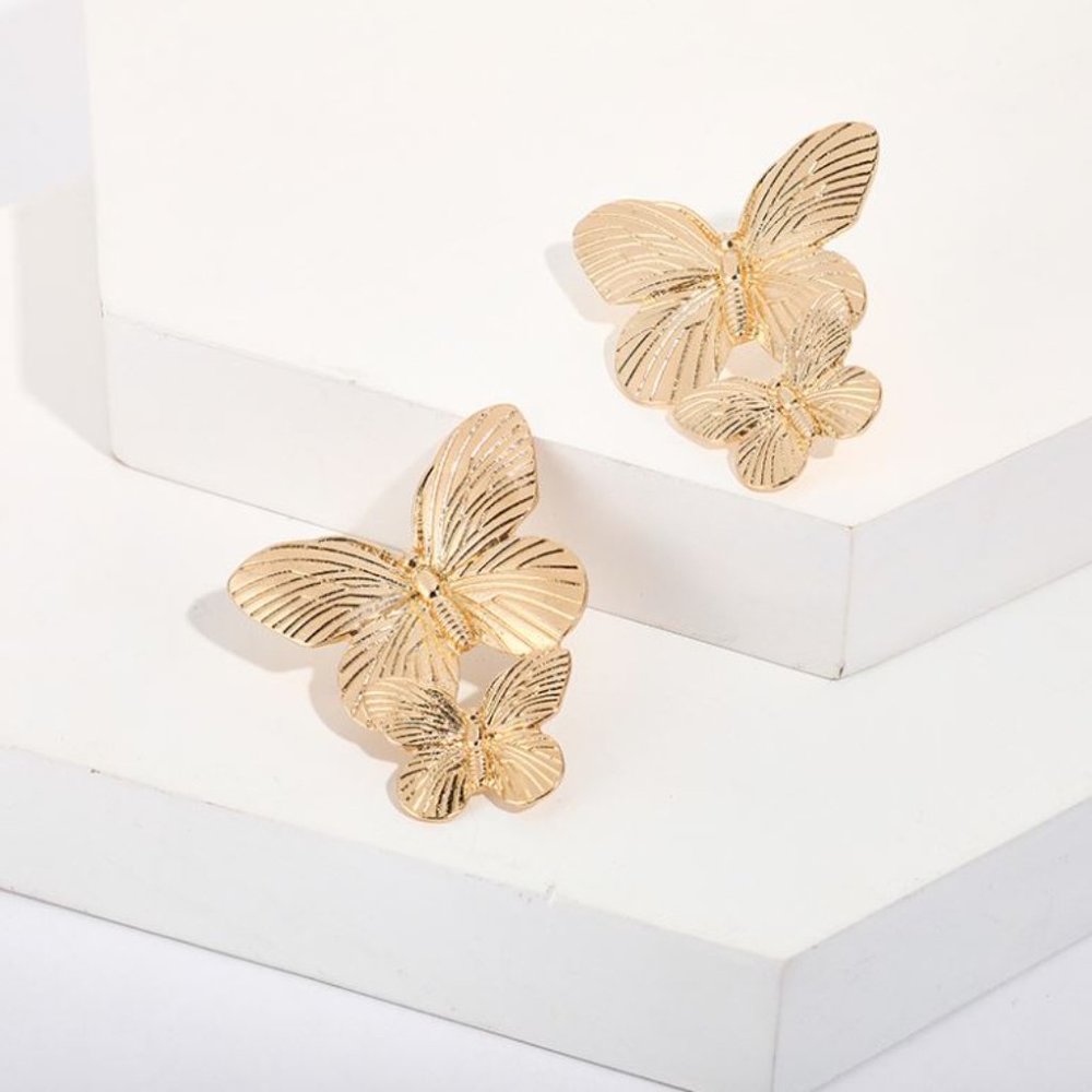 Gold Double Butterfly Wings Stud Earrings - Picture 3 of 4
